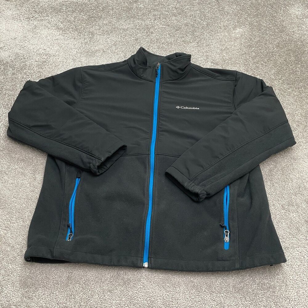 Columbia Lookout Trail Softshell Fleece Jacket Mens XL Black Blue Full Zip Hike
